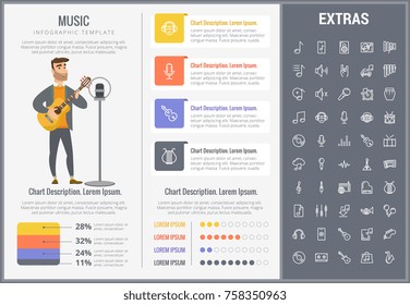 Musikinfografische Vorlage, Elemente und Symbole. Infograph beinhaltet anpassbare Grafiken, Diagramme, Line Icon Set mit Musikinstrumenten, Musiknoten, Mikrofon, Smartphone mit mobilen Anwendungen etc.