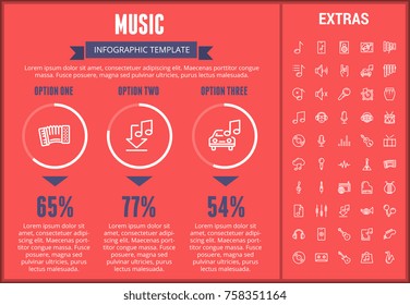 Music infographic template, elements and icons. Infograph includes customizable graphs, three options, line icon set with musical instruments, music notes, mic, smartphone with mobile application etc.