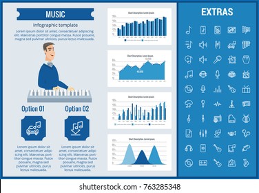 Music infographic template, elements and icons. Infograph includes customizable graphs, charts, line icon set with musical instruments, music notes, microphone, smartphone with mobile application etc.