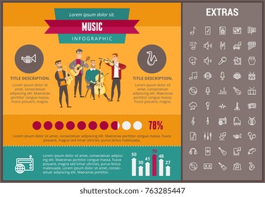 Music infographic template, elements and icons. Infograph includes customizable graphs, charts, line icon set with musical instruments, music notes, microphone, smartphone with mobile application etc.