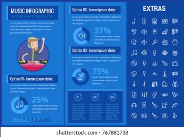 Music infographic template, elements and icons. Infograph includes customizable graphs, charts, line icon set with musical instruments, music notes, microphone, smartphone with mobile application etc.