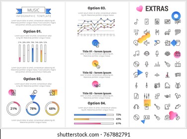 Music infographic template, elements and icons. Infograph includes customizable graphs, four options, line icon set with musical instruments, music notes, mic, smartphone with mobile application etc.