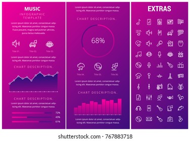 Music infographic template, elements and icons. Infograph includes customizable graphs, charts, line icon set with musical instruments, music notes, microphone, smartphone with mobile application etc.