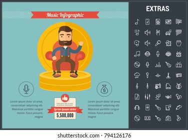 Music infographic template, elements and icons. Infograph includes line icon set with musical instruments, music notes, microphone, smartphone with mobile application, vinyl record, equalizer etc.