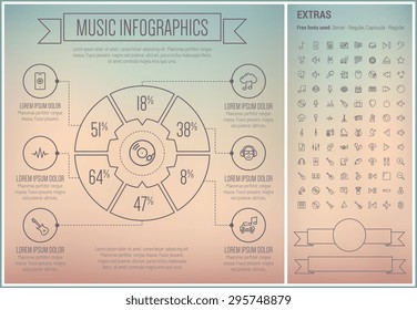 Modèle et éléments d'infographie musicale. Le modèle inclut l'ensemble d'icônes suivantes - haut-parleur, signal de lecture, note de musique, clef G, piano, tuner guitare, saxophone et plus encore. Plat minimaliste moderne