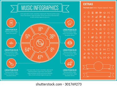 Music infographic template and elements. The template includes the following set of icons - drum, piano, disco light, trumpet, organ, speaker, microphone, earphone and more. Modern minimalistic flat