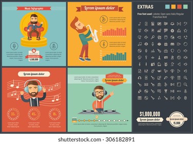 Music infographic template and elements. The infographic template includes illustrations of hipster men and huge awesome set of thin line icons. Modern minimalistic flat vector infographic design.