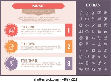 Music infographic timeline template, elements and icons. Infograph includes step number options, line icon set with musical instruments, music notes, microphone, smartphone with mobile application etc