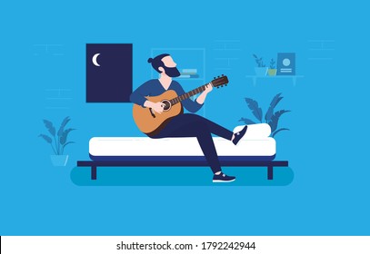 Music inspiration at night - Man sitting in bed playing guitar and composing songs. Aspiration, after dark and music instrument practice concept. Vector illustration.