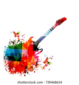 Music instrument background. Colorful guitar with music notes isolated vector illustration