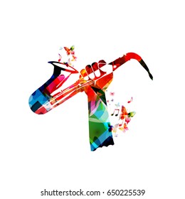 Music instrument background. Colorful human hand holding saxophone isolated vector illustration