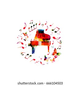 Music instrument background. Colorful piano with music notes isolated vector illustration