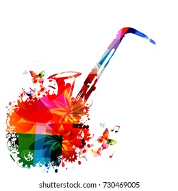 Music instrument background. Colorful saxophone with music notes isolated vector illustration