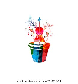 Music instrument background. Colorful violoncello in flower pot isolated vector illustration