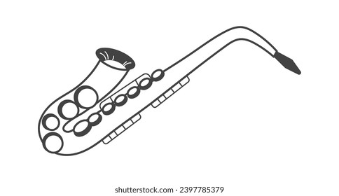Music instrument of black line set. In this captivating music-themed illustration, a sleek black outline beautifully showcases the elegant curves of a saxophone. Vector illustration.