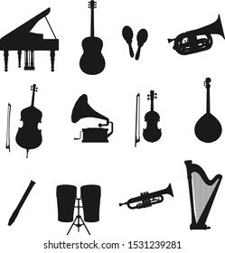 Music instrument black silhouettes of vector drum, guitar and piano, harp, trumpet and viola, flute, maracas and tuba, cello, mandolin and vintage record player. Classic music orchestra equipment