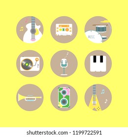 music instrument button logo label  circle icon set with guitar,bass,cassette tape,drum,vinyl record,microphone,piano and speaker