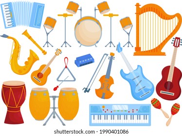 Music instrument collection, isolated on white, vector illustration. Musical violin, acoustic guitar, drum, trumpet collection. Classical harp