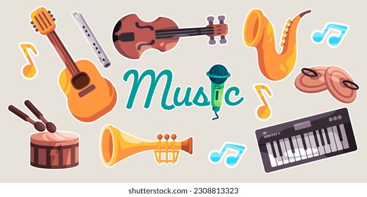 Music instrument collection set guitar drum saxophone keyboard trumpet hand cymbal violin and flute melody play music audio performance