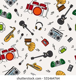 Music Instrument Colorful Pattern With White Background. Vector Illustration.