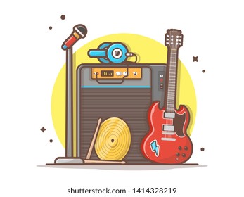 Music Instrument Concert Perform with Guitar, Microphone, Drum and Headphone Vector Illustration. Flat Cartoon Style Suitable for Web Landing Page,  Banner, Flyer, Sticker, Wallpaper, Card, Background