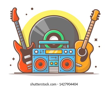 Music Instrument Concert Perform with Guitar, Boombox and Big Vinyl Music Vector Illustration. Flat Cartoon Style Suitable for Web Landing Page,  Banner, Flyer, Sticker, Wallpaper, Card, Background