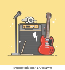 Music Instrument Concert Perform with Guitar, Microphone, Drum and Headphone Vector Illustration. Flat Cartoon Style Suitable for Web Landing Page,  Banner, Flyer, Sticker, Wallpaper, Card, Background