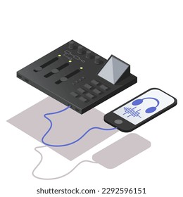 Music instrument dj sound mixer isolated on white background. Isometric 3d element in vector design style for concert show, musical performance. Acoustic sound device web button. Vector illustration