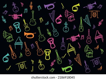 music instrument doodle background .music pattern neon concept