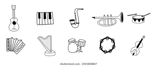 music instrument doodle hand drawing icon bundle, guitar, dkrum, piano, cymball, saxophone