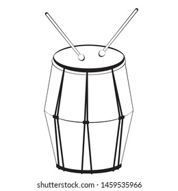 Music instrument drum with drumsticks in black and white design.