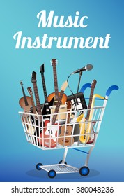 music instrument with electric acoustic guitar bass drum snare violin ukulele saxophone keyboard microphone and headphone on a shopping cart
