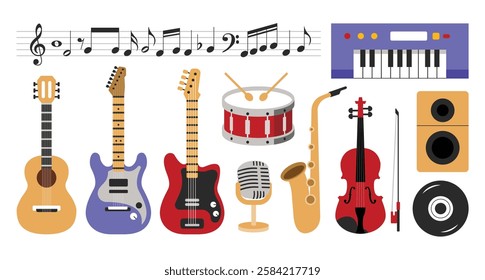 Music instrument element collection with musical notes in flat design style