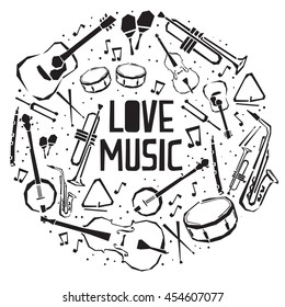 music instrument elements. Love music print. 