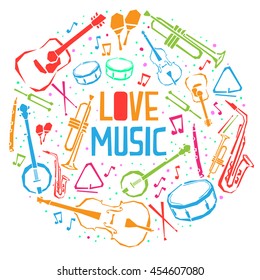 music instrument elements. Love music print. 