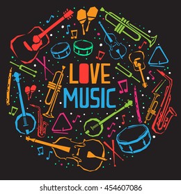 music instrument elements. Love music print. 