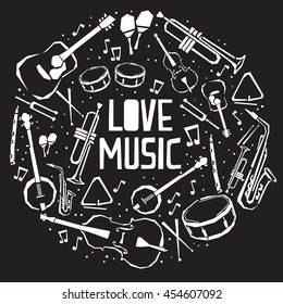 music instrument elements. Love music print. 