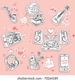 Music instrument and equipment with romantic Valentine's Day doodles