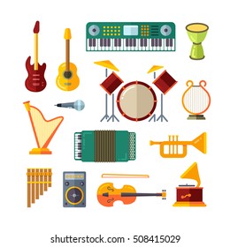 Music instrument flat vector icons. Guitar and piano, trumpet and microphone illustration