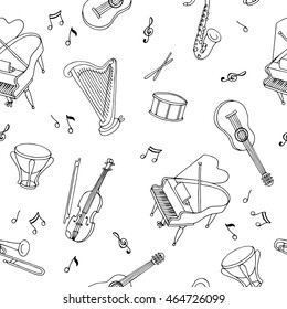 Music instrument graphic art black white seamless pattern sketch illustration vector