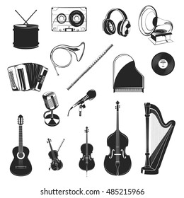 Music instrument: harp, guitar, violin, piano, trumpet, flute, cd, drum, horn, vinyl,  earphones, melody, gramophone,  pan flute, acoustic, tambourine, microphone, cassette tape, radio. 