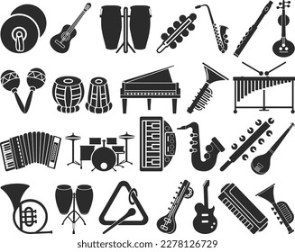 Music instrument icon, 25 musical instrument icon set black vector