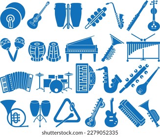 Music instrument icon, 25 musical instrument icon set blue vector