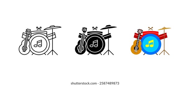 Music instrument icon. Drum and guitar sign. Sound and melody symbol. Rhythm and beat pictogram. Concert performance illustration. Live music concept.