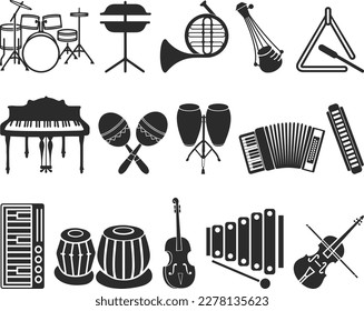 Music instrument icon set, 15 musical instrument icon set black vector