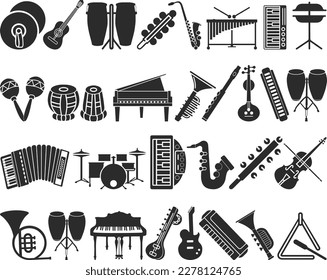 Music instrument icon set, 30 playing musical instruments icon set black vector