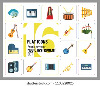 Music Instrument Icon Set. Drum And Drumsticks Balalaika Banjo Instrument Classic Accordion Violin And Bow Trumpet Xylophone Grand Piano Scottish Bagpipe Synthesizer Acoustic Speakers