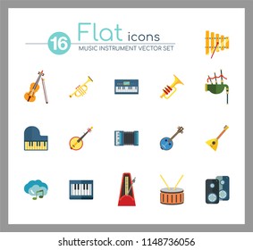 Music Instrument Icon Set. Drum And Drumsticks Balalaika Banjo Instrument Classic Accordion Violin And Bow Trumpet Xylophone Grand Piano Scottish Bagpipe Synthesizer Acoustic Speakers