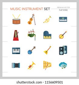 Music Instrument Icon Set. Drum And Drumsticks Balalaika Banjo Instrument Classic Accordion Violin And Bow Trumpet Xylophone Grand Piano Scottish Bagpipe Synthesizer Acoustic Speakers
