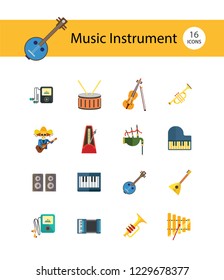 Music Instrument Icon Set. Drum And Drumsticks Balalaika Banjo Instrument Classic Accordion Violin And Bow Trumpet Xylophone Grand Piano Scottish Bagpipe Synthesizer Acoustic Speakers